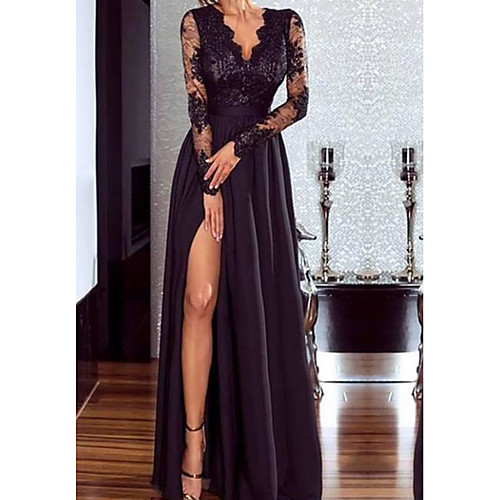 

Women's Maxi Wine Black Dress Loose Swing Solid Color V Neck S M