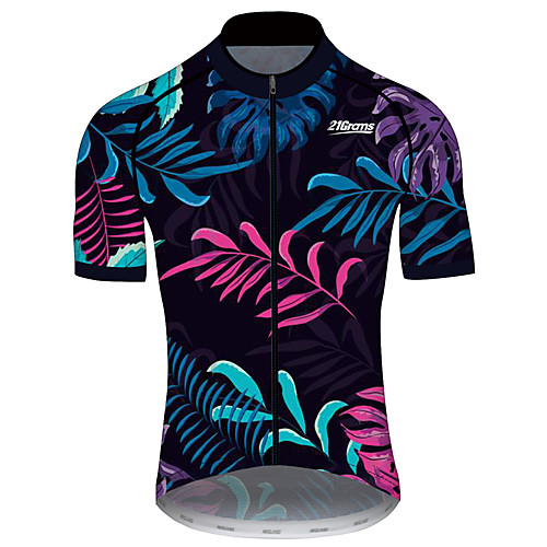 

21Grams Men's Short Sleeve Cycling Jersey 100% Polyester Black / Blue Leaf Floral Botanical Tropical Flowers Bike Jersey Top Mountain Bike MTB Road Bike Cycling UV Resistant Breathable Quick Dry