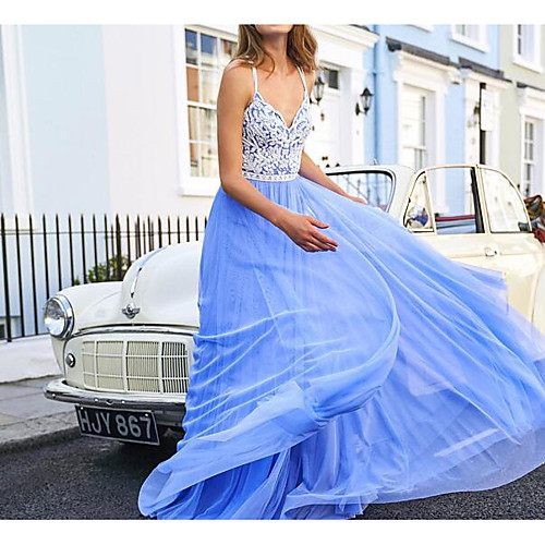 

A-Line Spaghetti Strap Floor Length Tulle Minimalist / Blue Wedding Guest / Prom Dress with Pleats 2020