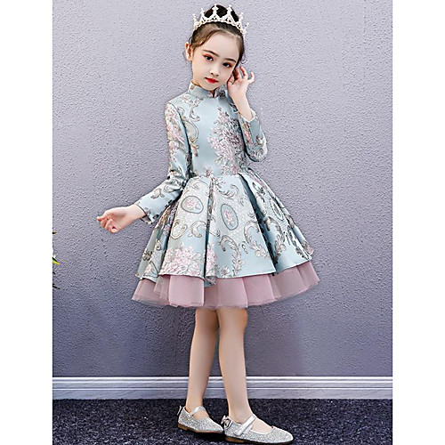 

A-Line Knee Length Pageant Dresses - Stretch Satin Long Sleeve High Neck with Appliques