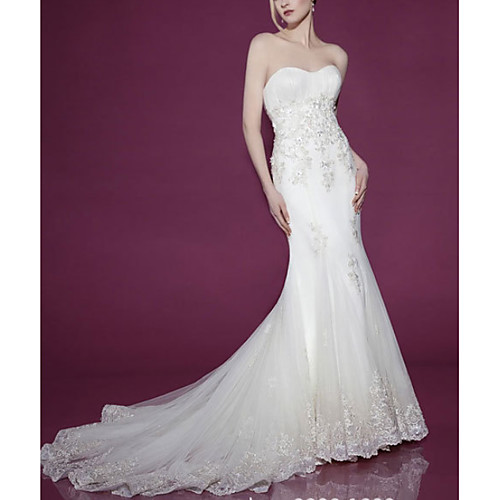 

Mermaid / Trumpet Strapless Court Train Lace Sleeveless Formal Wedding Dresses with Appliques 2020