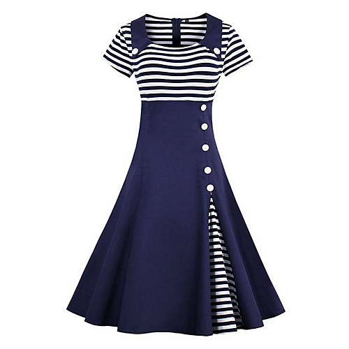 

Women's 2020 Wine Black Dress Elegant Sophisticated Spring & Summer Dress A Line Striped Peter Pan Collar Patchwork S M / Cotton