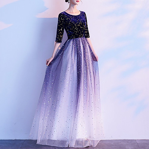 

A-Line Jewel Neck Floor Length Tulle / Velvet Color Block / Blue Prom / Formal Evening Dress with Sequin 2020