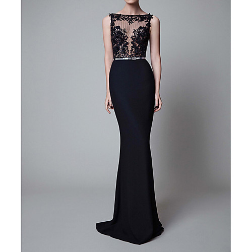 

Sheath / Column Illusion Neck Sweep / Brush Train Polyester Sexy / Black Party Wear / Formal Evening Dress with Sash / Ribbon / Appliques 2020