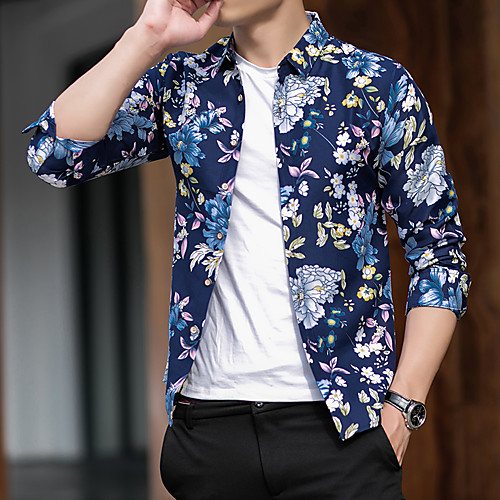 

Men's Daily Weekend Basic / Elegant Shirt - Floral / Color Block / 3D Navy Blue