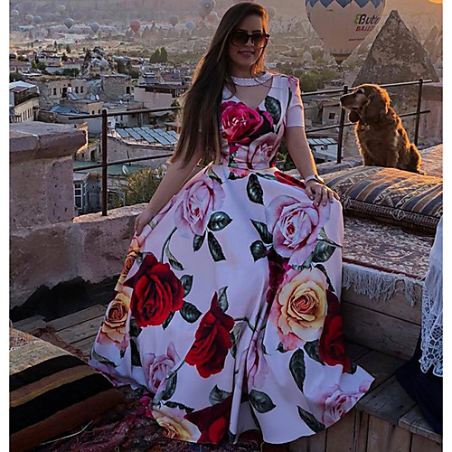 

Women's Maxi Red Dress Summer Vacation Beach A Line Swing Floral Print V Neck Floral S M