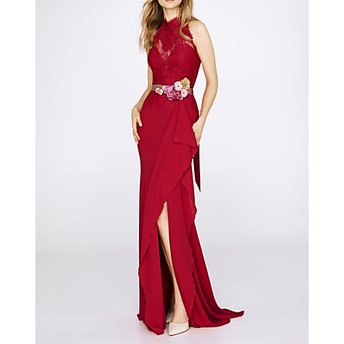 

Mermaid / Trumpet Jewel Neck Sweep / Brush Train Polyester Sexy / Red Engagement / Formal Evening Dress with Sash / Ribbon / Split / Lace Insert 2020