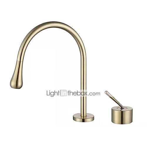 

Bathroom Sink Faucet - Brushed Gold Single Handle Two Holes Washroom Bath Basin Mixer Taps Luxury Lavatory Faucet