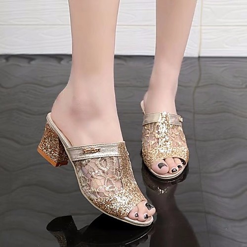 

Women's Loafers & Slip-Ons Chunky Heel Peep Toe PU Spring & Summer Gold / Silver