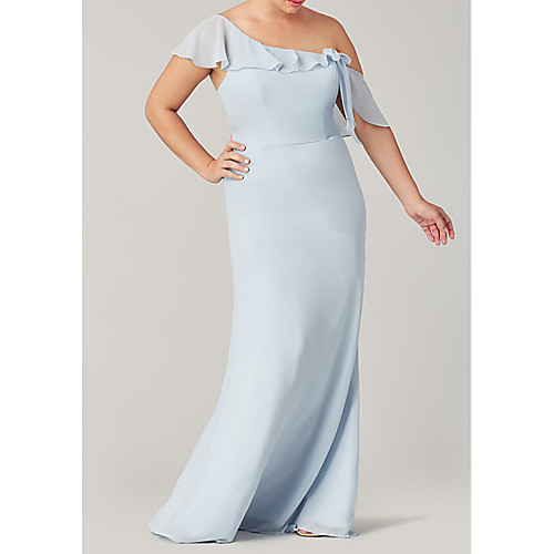 

Sheath / Column One Shoulder Floor Length Polyester Bridesmaid Dress with Ruffles