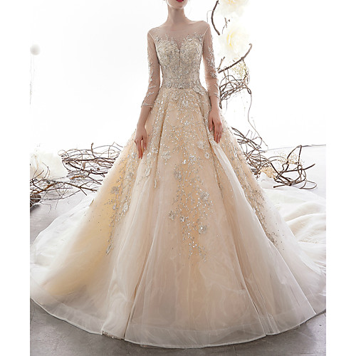 

A-Line Jewel Neck Watteau Train Lace / Tulle 3/4 Length Sleeve Formal Illusion Sleeve Wedding Dresses with Lace Insert 2020
