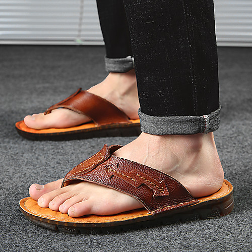 

Men's Leather Spring & Summer Classic / British Slippers & Flip-Flops Walking Shoes Breathable Dark Brown / Black