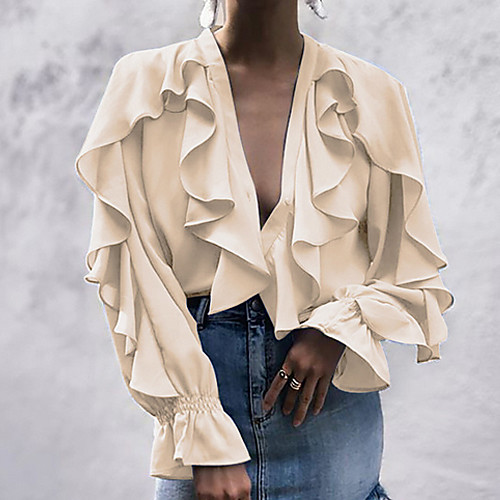 

Women's Daily Loose Blouse - Solid Colored Ruffle V Neck Beige / Spring / Summer