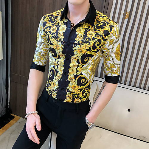 

Men's Going out Club Tropical Shirt - Floral Tropical Leaf / Crane / Pineapple, Print Yellow