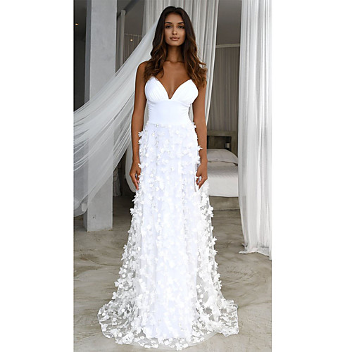 

A-Line V Neck Floor Length Tulle Floral / White Engagement / Formal Evening Dress with Appliques 2020