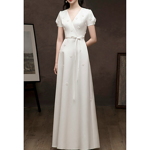 

A-Line V Neck Floor Length Satin Floral / White Prom / Formal Evening Dress with Beading / Sash / Ribbon 2020