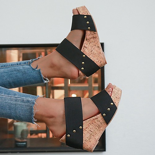 

Women's Slippers & Flip-Flops Wedge Heel Open Toe PU Summer Blue / Black / Beige