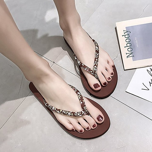 

Women's Slippers & Flip-Flops Flat Heel Round Toe PU Summer Black / Brown