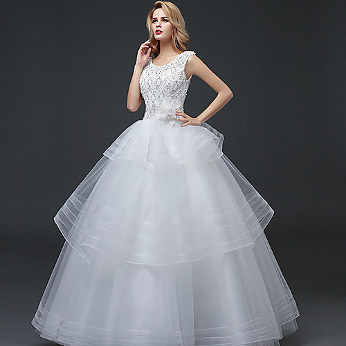 

Ball Gown Scoop Neck Floor Length Polyester / Lace / Tulle Cap Sleeve Romantic Wedding Dresses with Lace / Crystals / Beading 2020