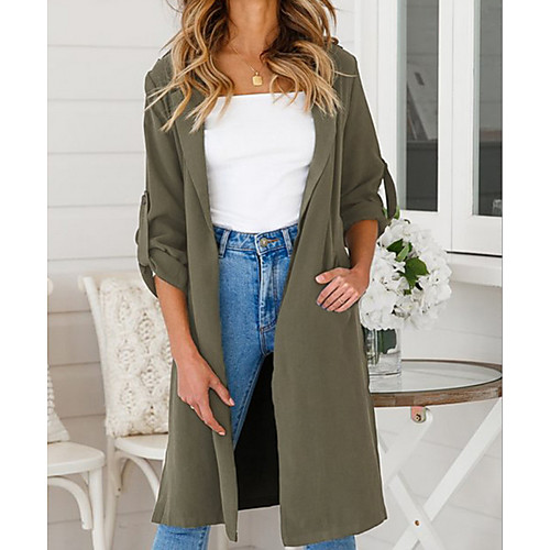 

Women's Daily Long Trench Coat, Solid Colored Notch Lapel 3/4 Length Sleeve Polyester Army Green
