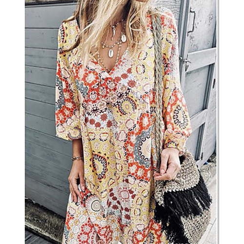 

Women's Yellow Dress Loose Print Deep V S M Loose