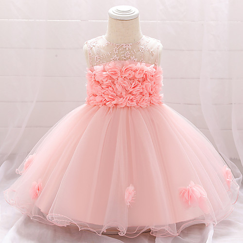 

Ball Gown Knee Length Party / Birthday Christening Gowns / Flower Girl Dresses - Polyester / Lace / Tulle Sleeveless Jewel Neck with Petal / Appliques