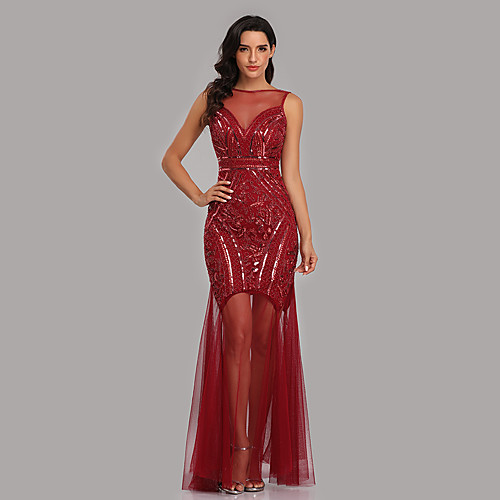

A-Line Illusion Neck Floor Length Tulle / Sequined Sparkle / Red Formal Evening / Party Wear Dress with Sequin 2020