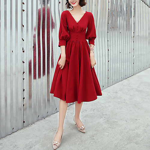 

A-Line V Neck Knee Length Spandex Minimalist / Red Party Wear / Cocktail Party Dress with Buttons 2020