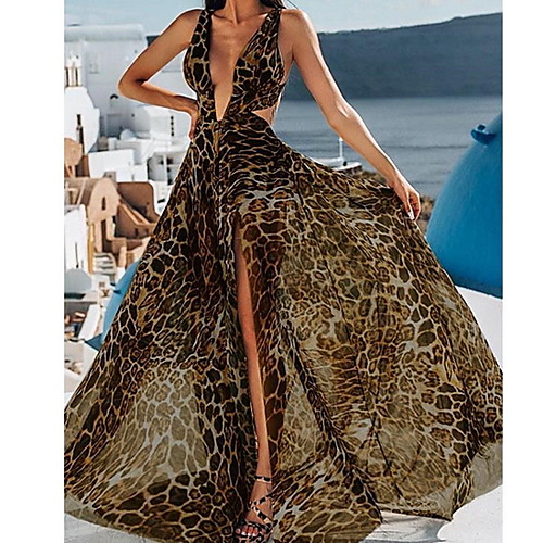 

Women's Maxi White Brown Dress Swing Leopard Deep V S M