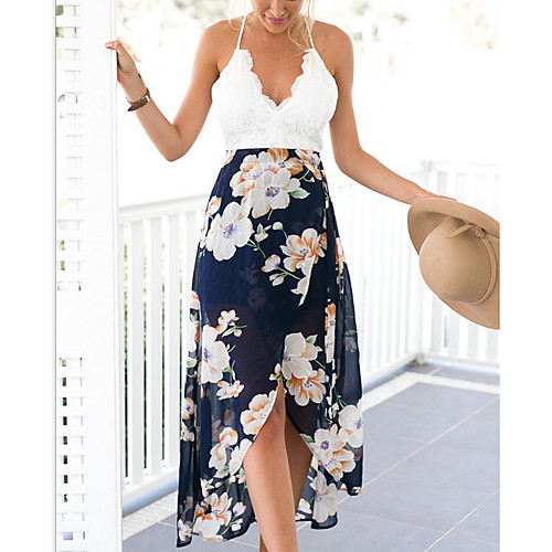 

Women's Asymmetrical White Dress A Line Floral Strap Deep V S M