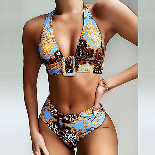 

Women's Basic Blue Halter High Waist Tankini Swimwear Swimsuit - Floral S M L Blue