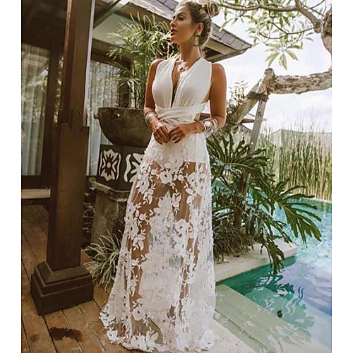 

Women's Maxi White Dress Loose Solid Color V Neck S M