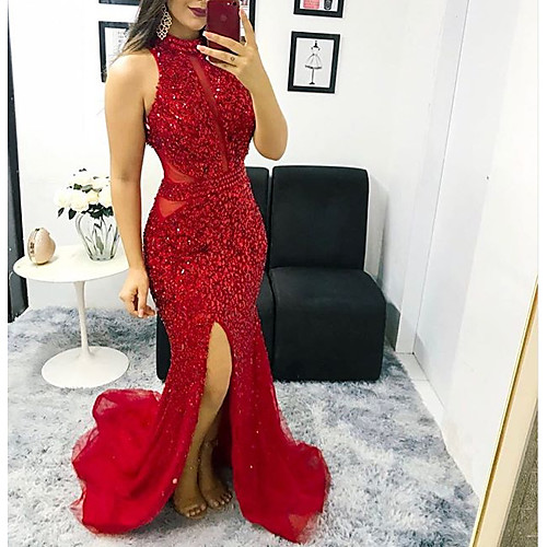 

Mermaid / Trumpet Halter Neck Sweep / Brush Train Polyester / Tulle Glittering / Red Engagement / Formal Evening Dress with Sequin / Split 2020