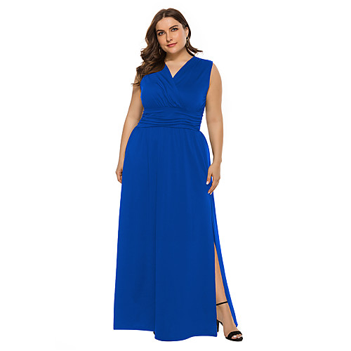 

Women's Maxi Plus Size Blue Black Dress Party A Line Solid Color V Neck Split XL XXL