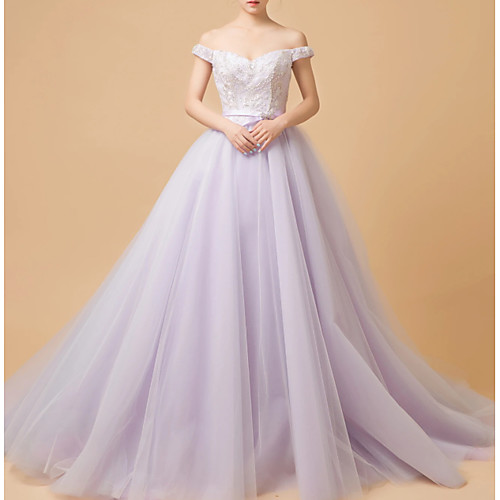 

Ball Gown Off Shoulder Chapel Train Tulle Elegant / Purple Quinceanera / Formal Evening Dress with Lace Insert / Appliques 2020
