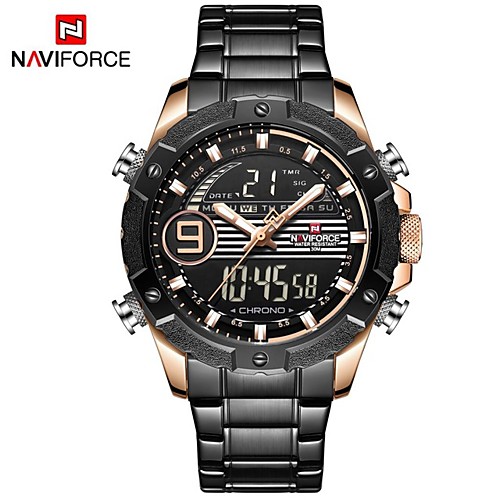 

NAVIFORCE Men's Dress Watch Quartz Formal Style Sporty Stainless Steel Black / Blue / Silver 30 m Water Resistant / Waterproof Calendar / date / day LCD Analog - Digital Classic Outdoor - Black