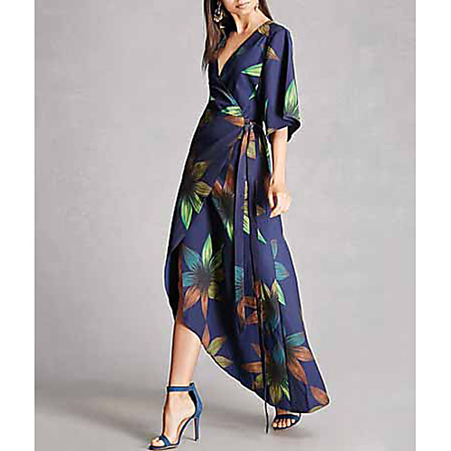 

Women's Maxi Blue Dress Sheath Floral V Neck S M Slim