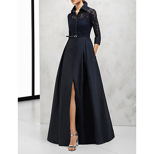 

A-Line V Neck Floor Length Satin Elegant / Black Wedding Guest / Formal Evening Dress with Sash / Ribbon / Split / Lace Insert 2020