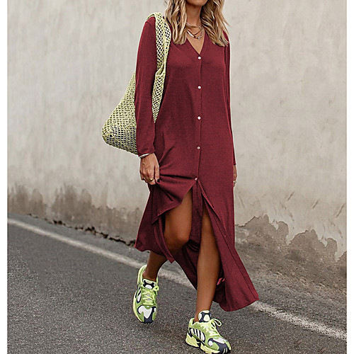 

Women's Maxi Wine Light Brown Dress Shift Solid Color Shirt Collar S M