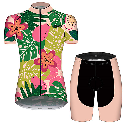 

21Grams Women's Short Sleeve Cycling Jersey with Shorts PinkGreen Leaf Floral Botanical Fruit Bike Clothing Suit Breathable 3D Pad Quick Dry Ultraviolet Resistant Sweat-wicking Sports Leaf Mountain