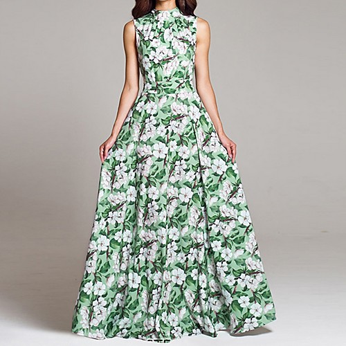 

Women's Maxi Green Dress A Line Floral S M