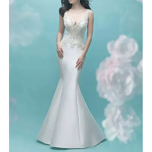 

Mermaid / Trumpet V Neck Court Train Lace / Satin Sleeveless Casual Plus Size Wedding Dresses with Appliques 2020