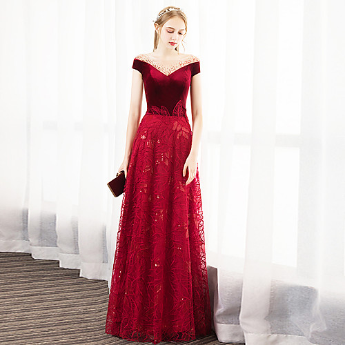 

A-Line Illusion Neck / Jewel Neck Floor Length Lace / Velvet Glittering / Red Party Wear / Formal Evening Dress with Crystals / Appliques 2020