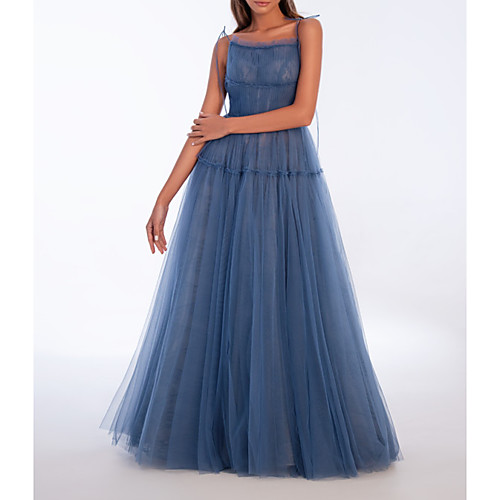 

A-Line Spaghetti Strap Floor Length Tulle Sexy / Blue Prom / Formal Evening Dress with Pleats 2020