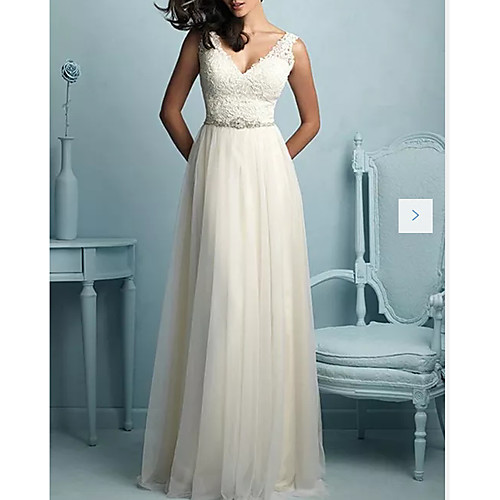 

A-Line V Neck Sweep / Brush Train Tulle Sleeveless Casual Plus Size Wedding Dresses with Sashes / Ribbons / Draping / Appliques 2020