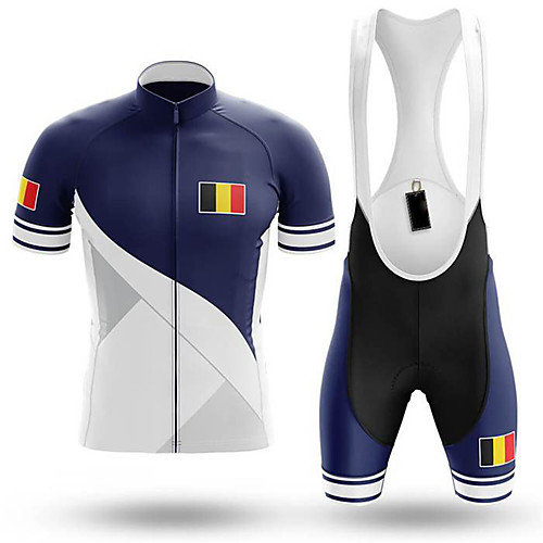 

21Grams Men's Short Sleeve Cycling Jersey with Bib Shorts Blue Belgium National Flag Bike Clothing Suit UV Resistant Breathable 3D Pad Quick Dry Sweat-wicking Sports Belgium Mountain Bike MTB Road