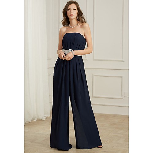 

Jumpsuits Strapless Floor Length Chiffon Sexy / Blue Formal Evening / Wedding Guest Dress with Sash / Ribbon / Pleats 2020