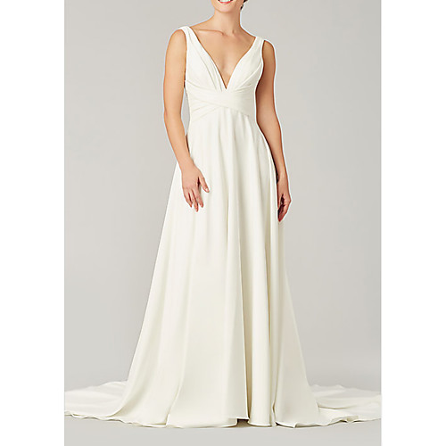 

A-Line V Neck Sweep / Brush Train Chiffon Sleeveless Country Plus Size Wedding Dresses with Draping 2020