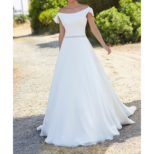 

A-Line Off Shoulder Sweep / Brush Train Polyester Cap Sleeve Country Plus Size Wedding Dresses with Sashes / Ribbons 2020