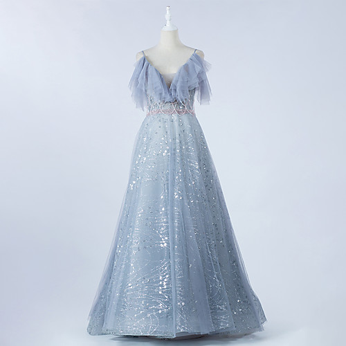 

A-Line V Neck Sweep / Brush Train Tulle Glittering / Blue Prom / Formal Evening Dress with Beading / Tassel 2020